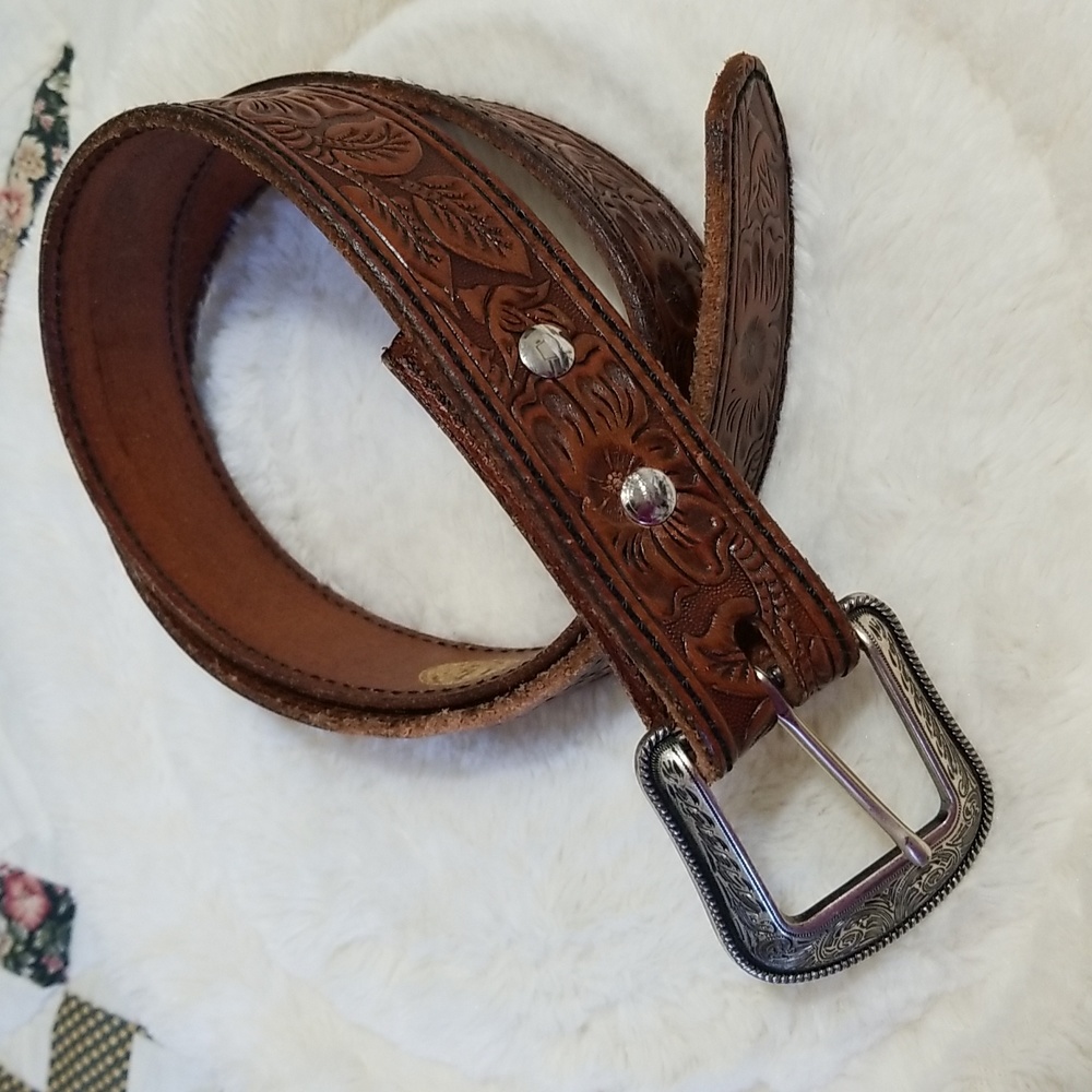 Hand tooled leather belt